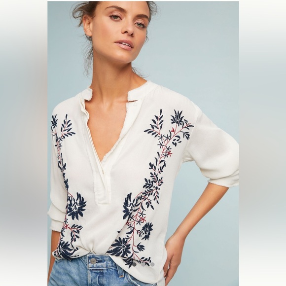 Anthropologie Sheer White Blouse with Navy and Red Floral Embroidery - Picture 1 of 8